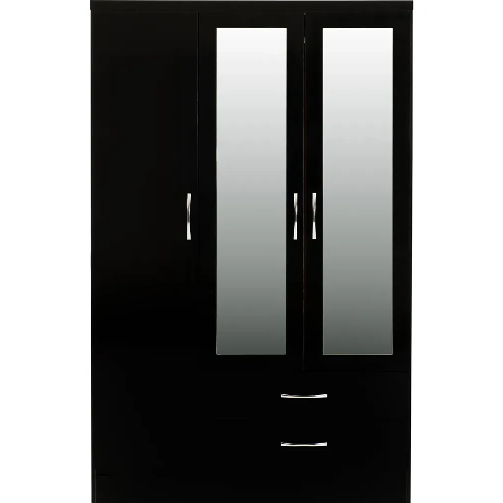 Nevada 3 Door 2 Drawer Mirrored Wardrobe - Black Gloss