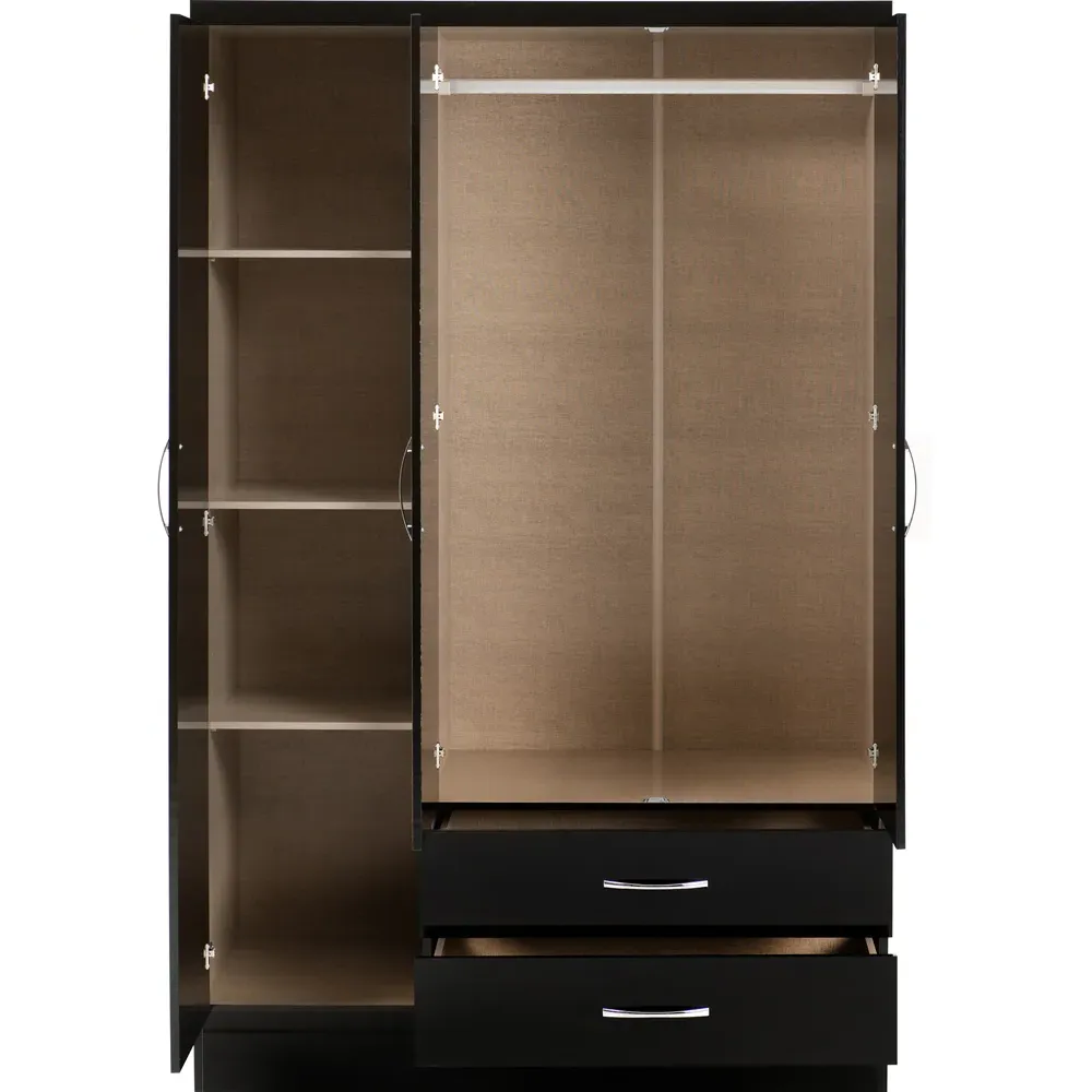 Nevada 3 Door 2 Drawer Mirrored Wardrobe - Black Gloss