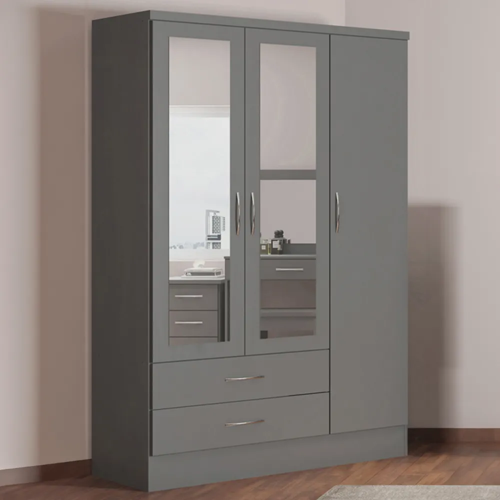Nevada 3 Door 2 Drawer Wardrobe with Mirror - Grey image