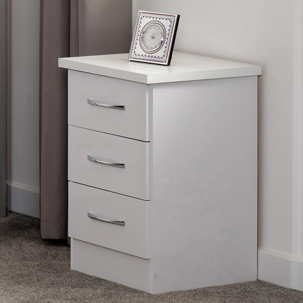 Nevada 3 Drawer Bedside Table - White