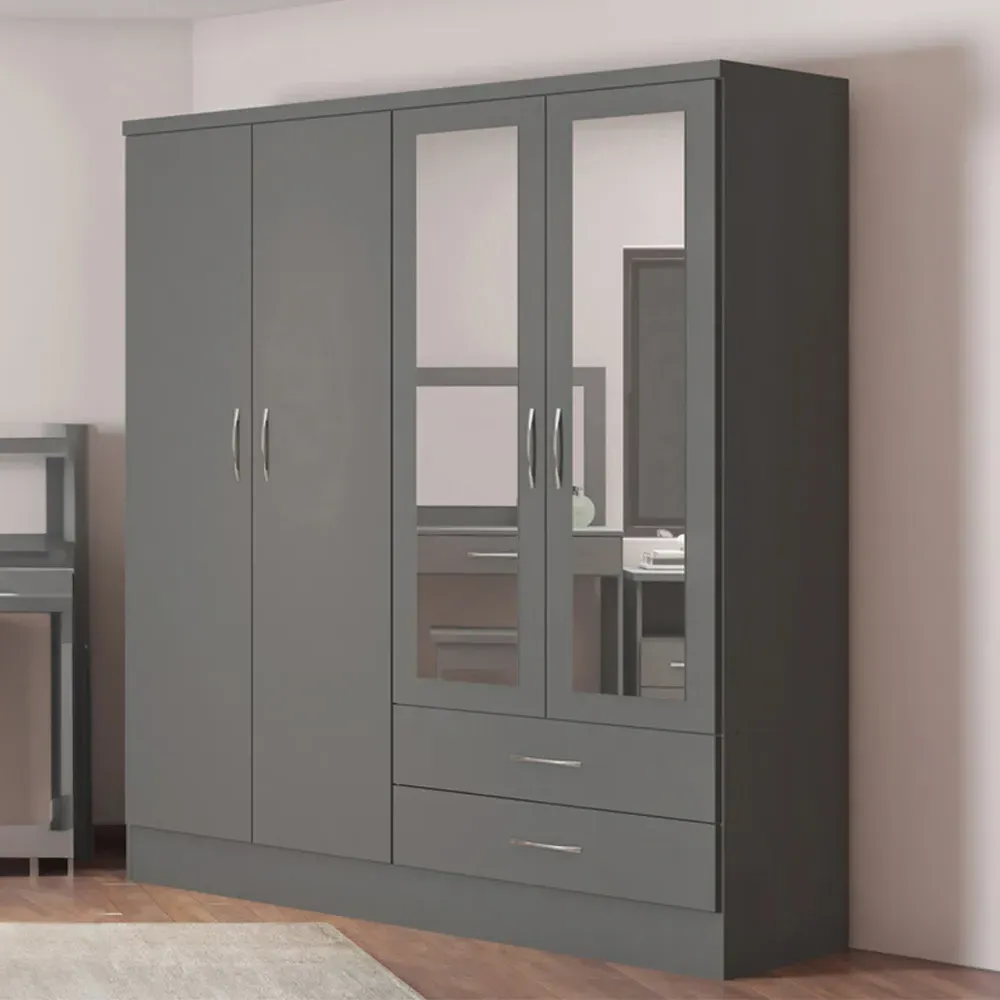 Nevada 4 Door 2 Drawer Wardrobe with 3D Effect Mirror - Grey image