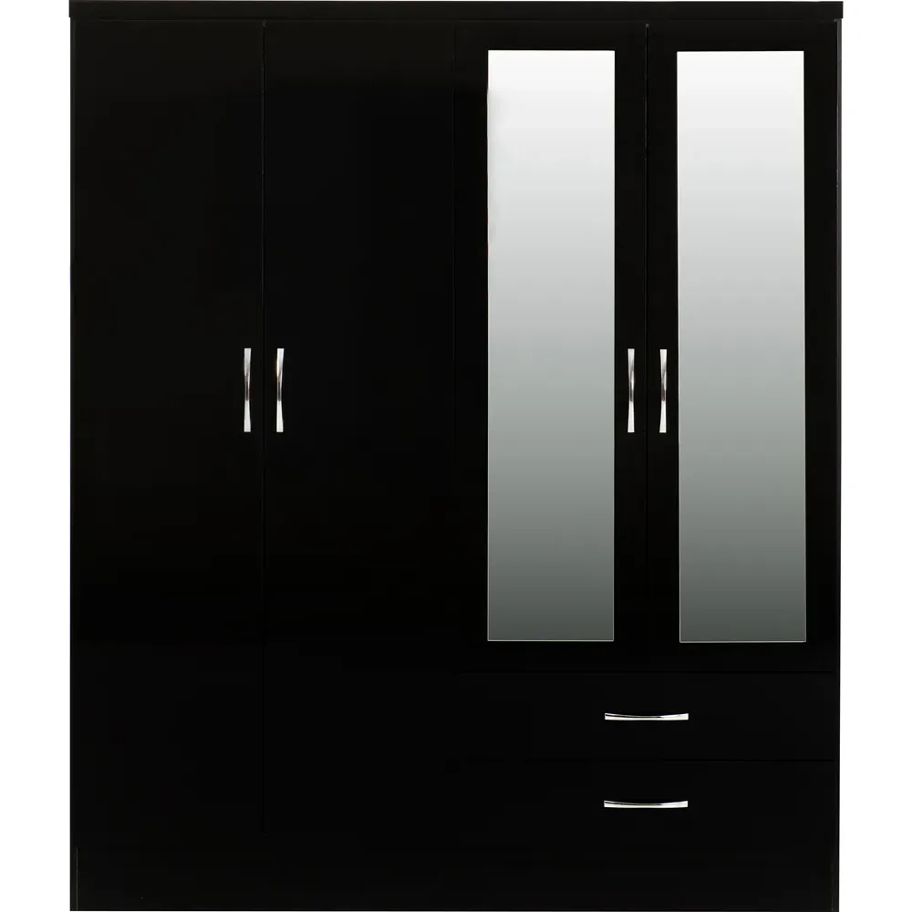 Nevada 4 Door 2 Drawer Wardrobe with Mirror - Black Gloss
