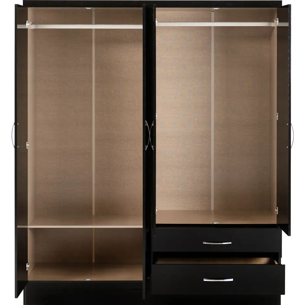 Nevada 4 Door 2 Drawer Wardrobe with Mirror - Black Gloss