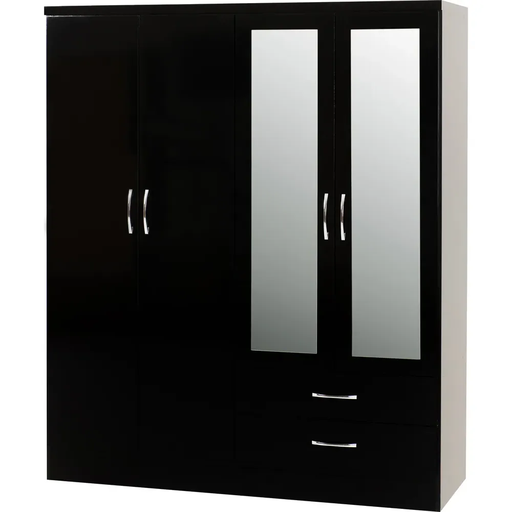Nevada 4 Door 2 Drawer Wardrobe with Mirror - Black Gloss