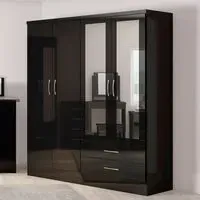 Nevada 4 Door 2 Drawer Wardrobe with Mirror - Black Gloss