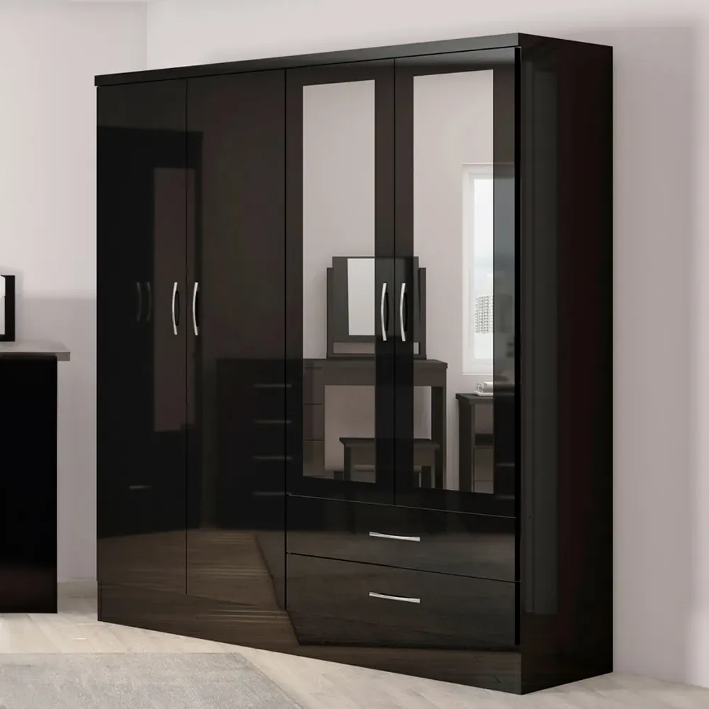 Nevada 4 Door 2 Drawer Wardrobe with Mirror - Black Gloss