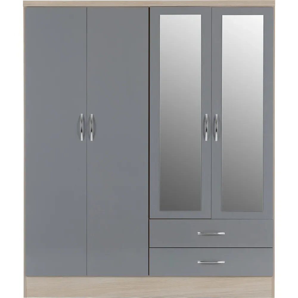 Nevada 4 Door 2 Drawer Wardrobe with Mirror - Grey Gloss