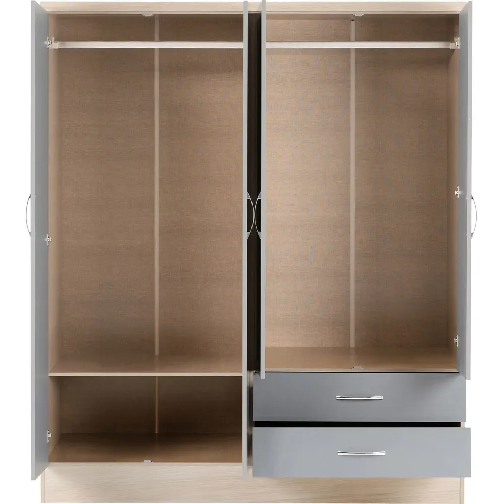 Nevada 4 Door 2 Drawer Wardrobe with Mirror - Grey Gloss