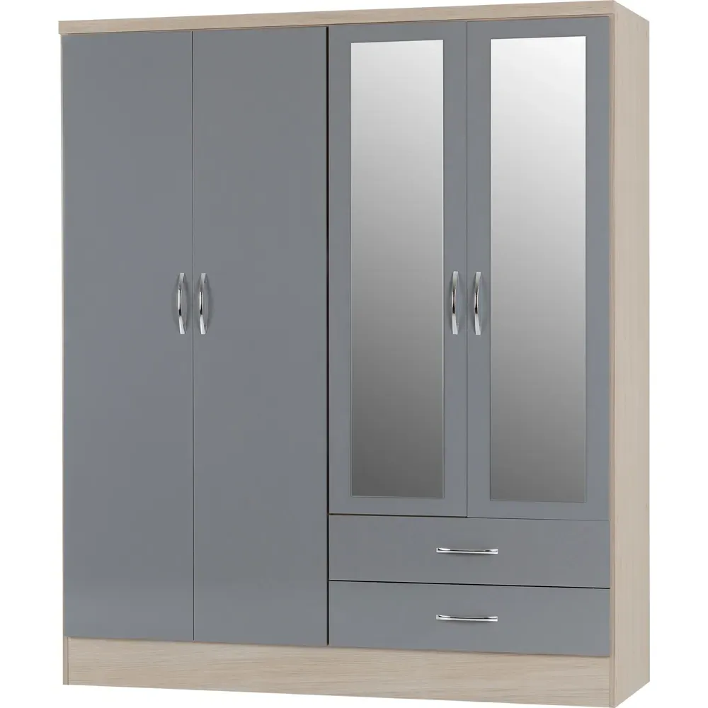 Nevada 4 Door 2 Drawer Wardrobe with Mirror - Grey Gloss