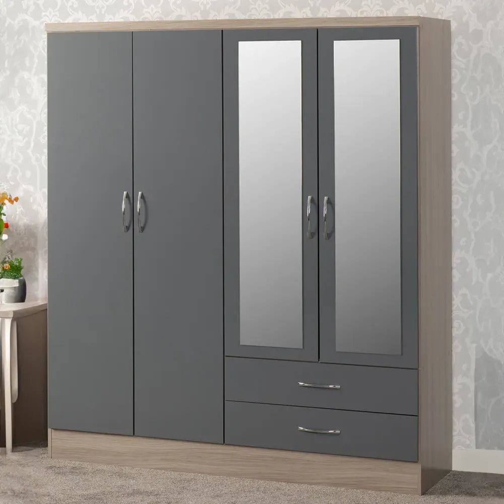 Nevada 4 Door 2 Drawer Wardrobe with Mirror - Grey Gloss