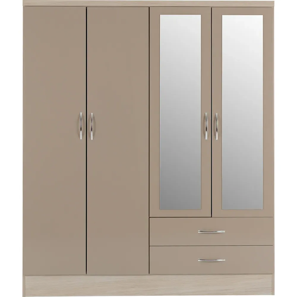 Nevada 4 Door 2 Drawer Wardrobe with Mirror - Oyster, Oak