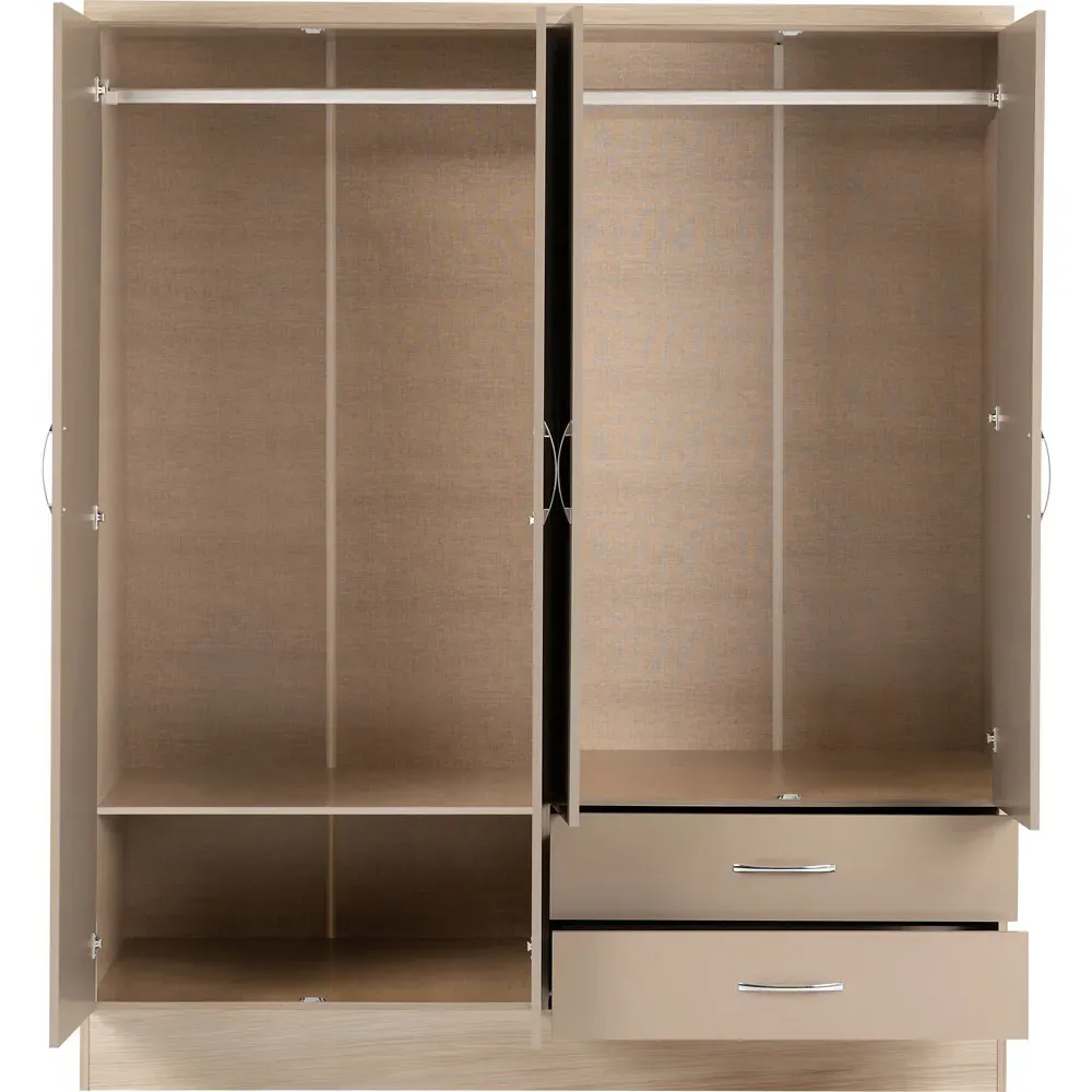 Nevada 4 Door 2 Drawer Wardrobe with Mirror - Oyster, Oak