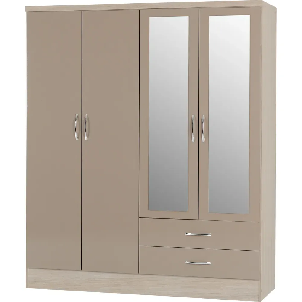 Nevada 4 Door 2 Drawer Wardrobe with Mirror - Oyster, Oak