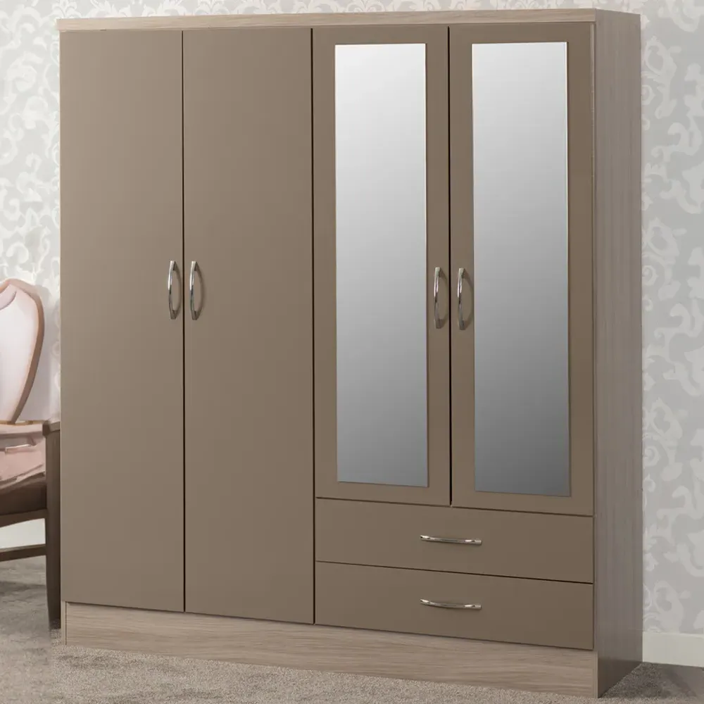 Nevada 4 Door 2 Drawer Wardrobe with Mirror - Oyster, Oak
