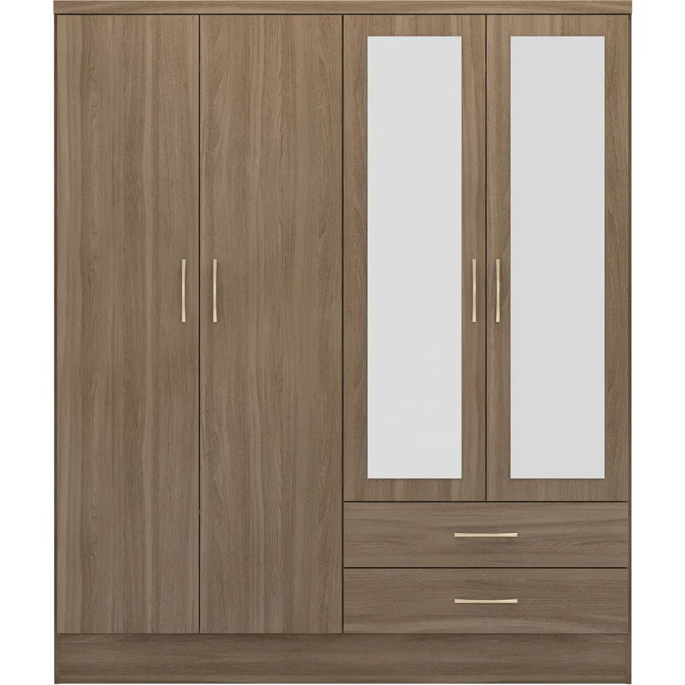 Nevada 4 Door 2 Drawer Wardrobe with Mirror - Rustic Oak