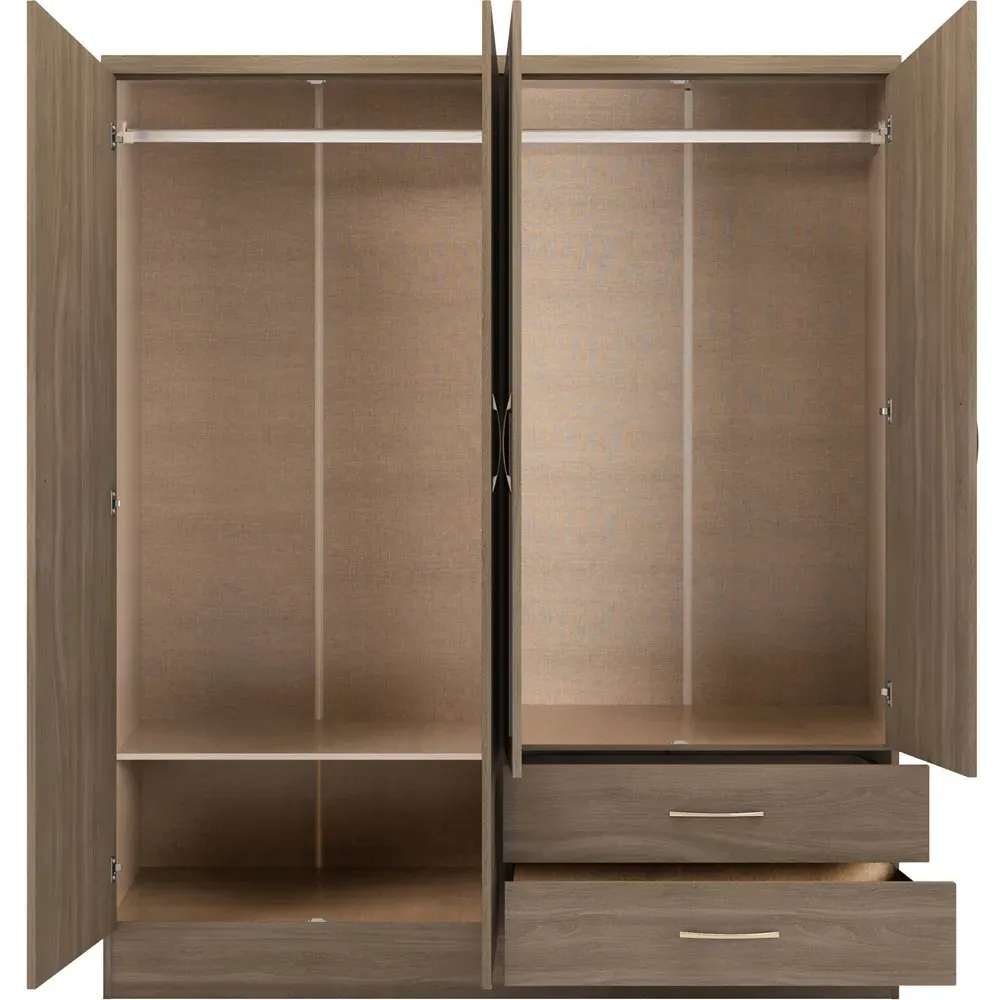 Nevada 4 Door 2 Drawer Wardrobe with Mirror - Rustic Oak