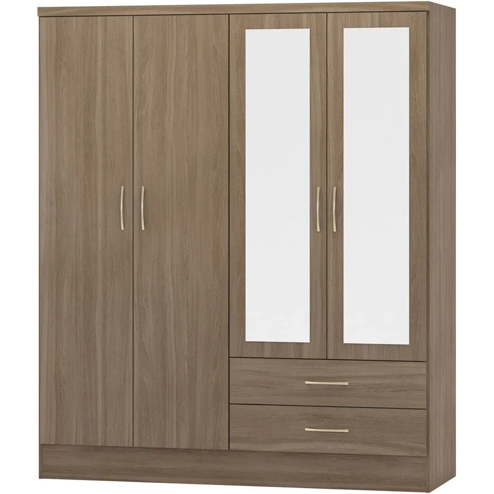 Nevada 4 Door 2 Drawer Wardrobe with Mirror - Rustic Oak