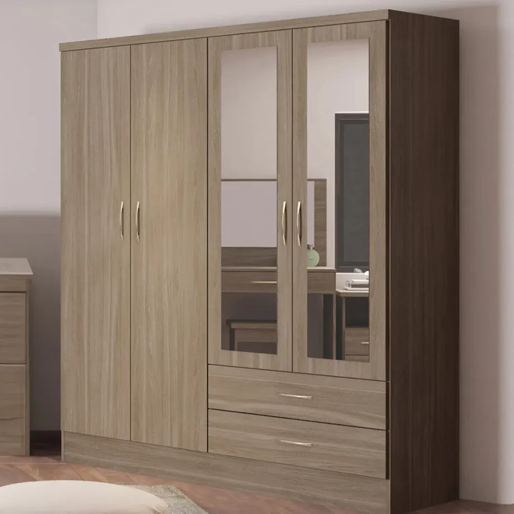 Nevada 4 Door 2 Drawer Wardrobe with Mirror - Rustic Oak image
