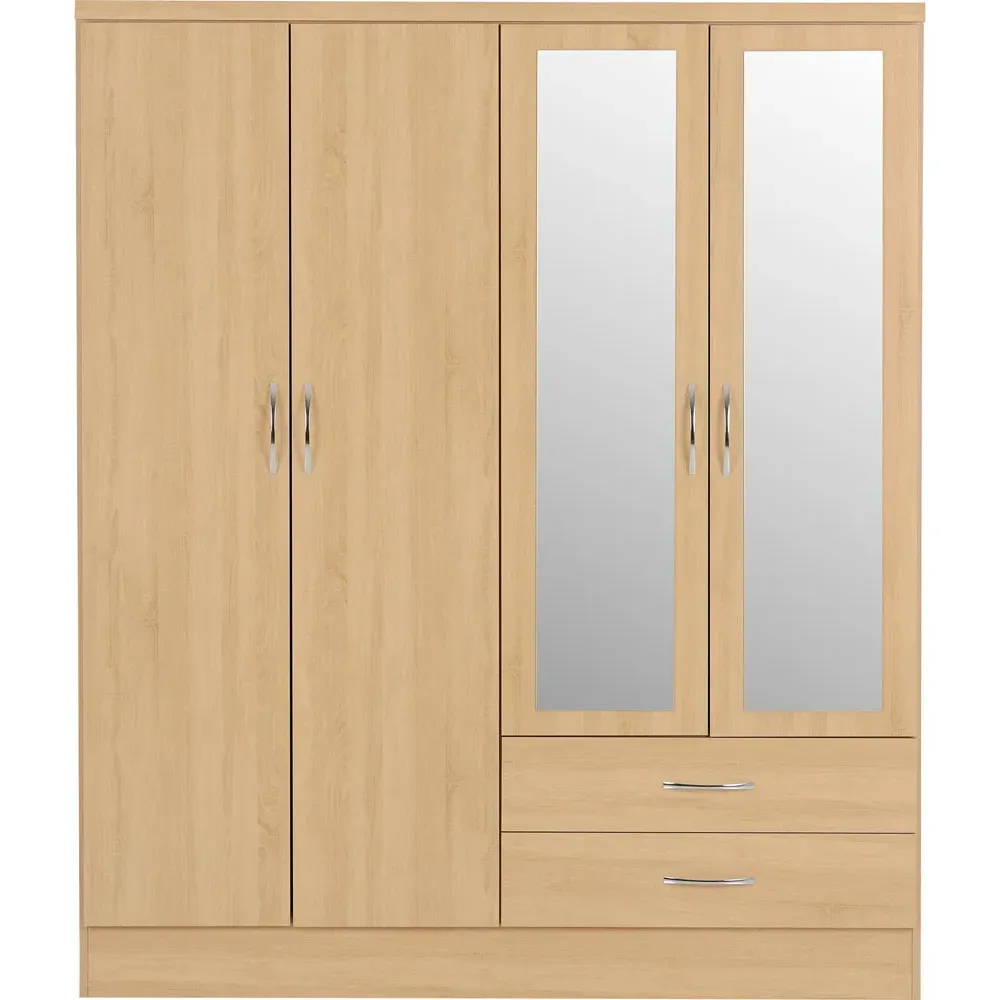 Nevada 4 Door 2 Drawer Wardrobe with Mirror - Sonoma Oak