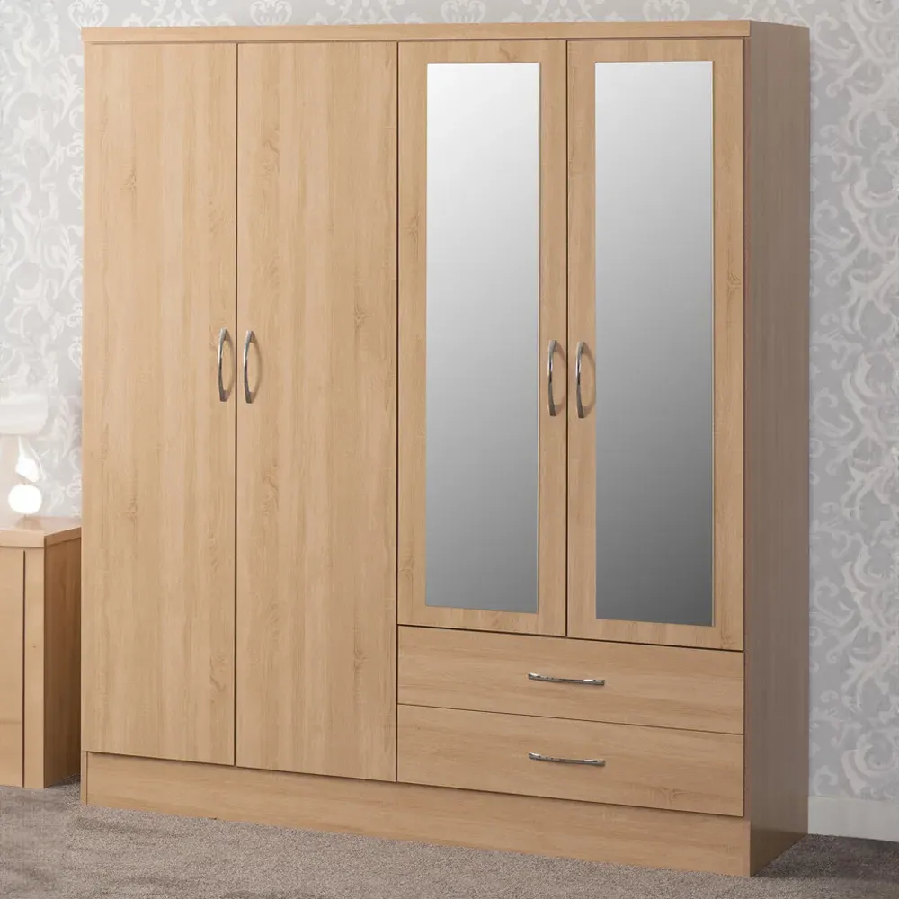 Nevada 4 Door 2 Drawer Wardrobe with Mirror - Sonoma Oak