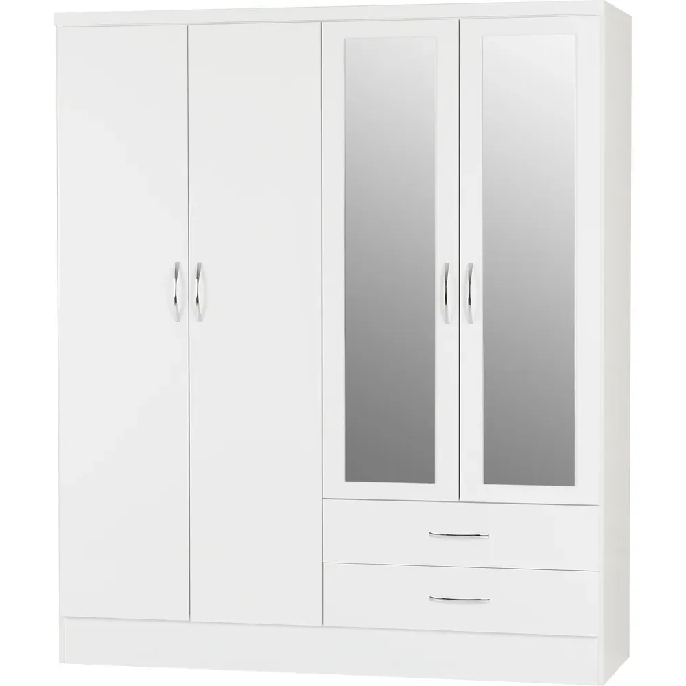 Nevada 4 Door 2 Drawer Wardrobe with Mirror - White Gloss