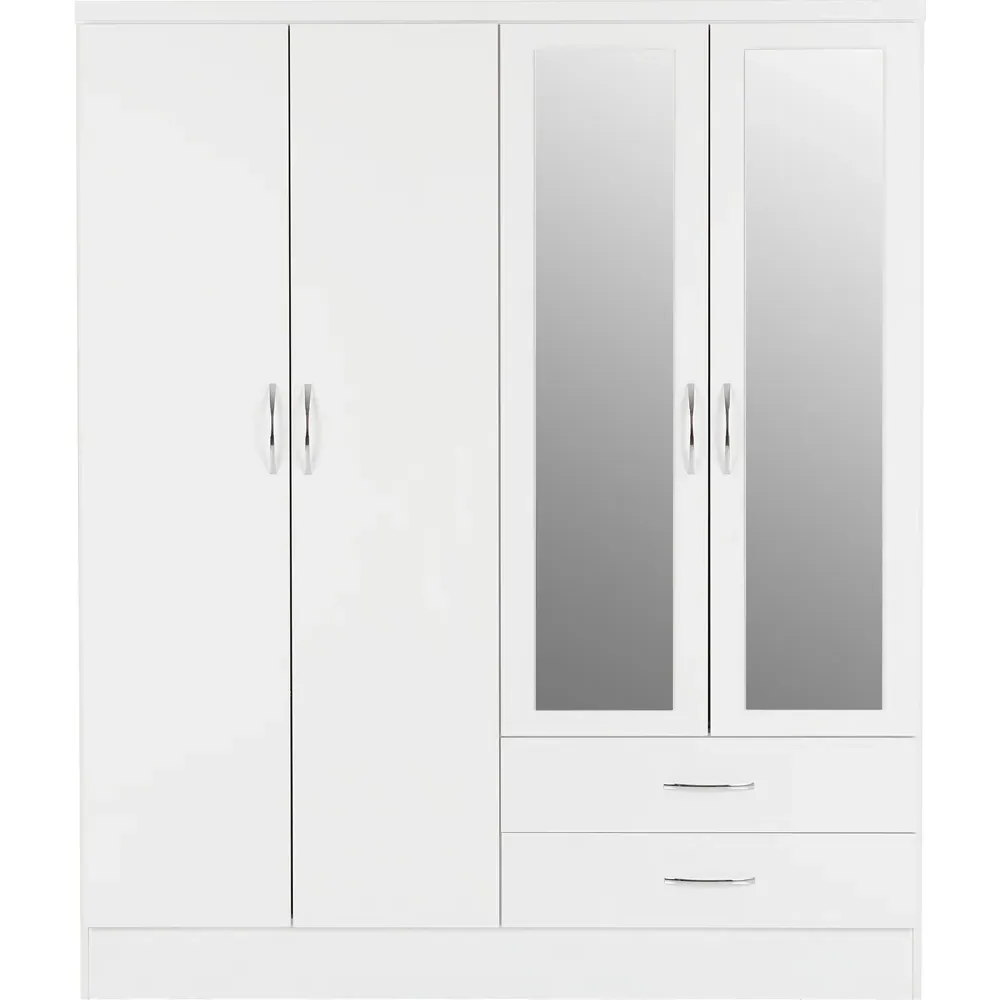 Nevada 4 Door 2 Drawer Wardrobe with Mirror - White Gloss
