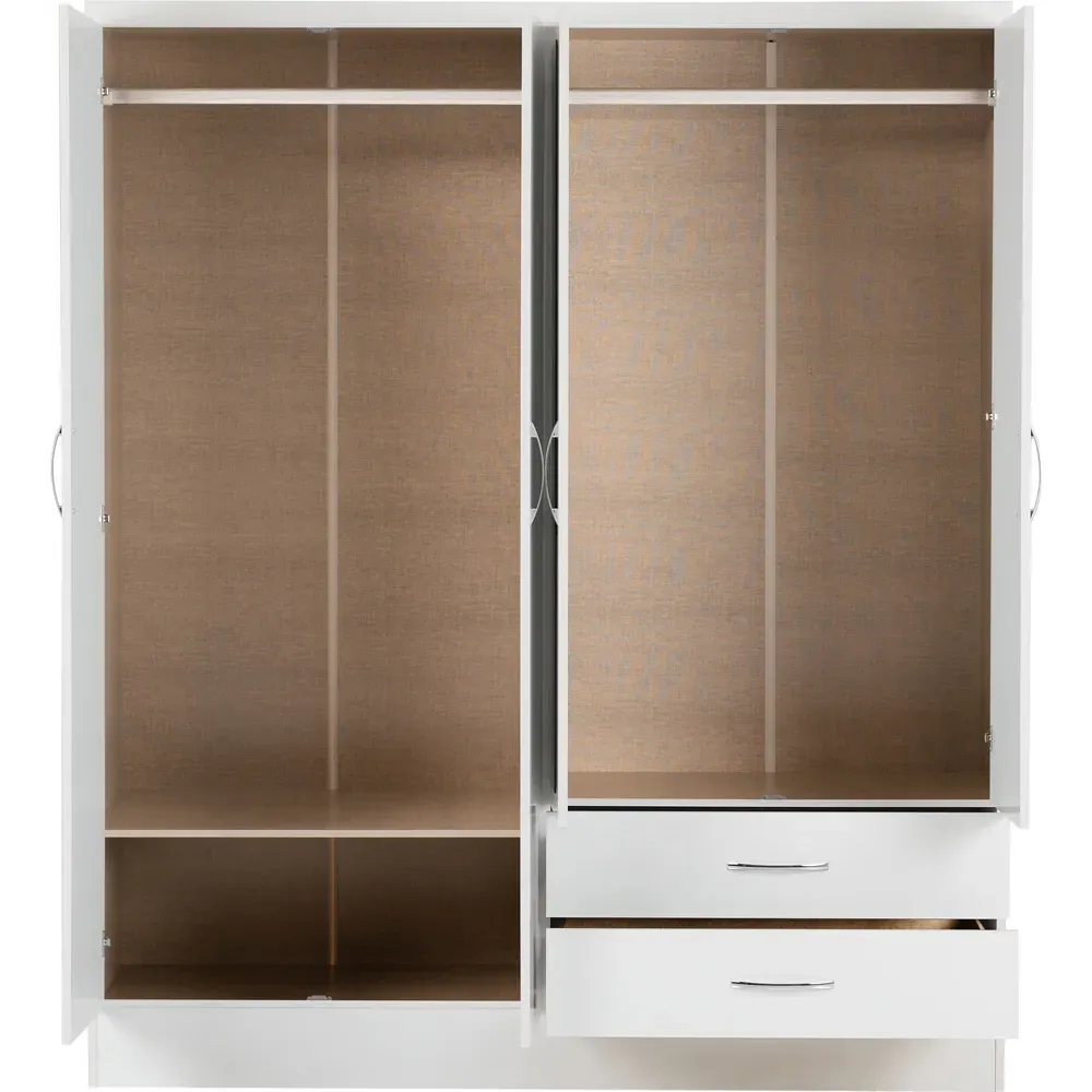 Nevada 4 Door 2 Drawer Wardrobe with Mirror - White Gloss
