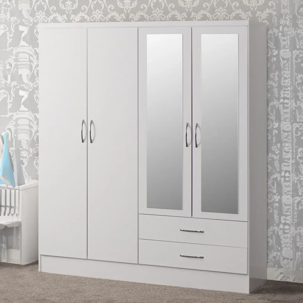 Nevada 4 Door 2 Drawer Wardrobe with Mirror - White Gloss