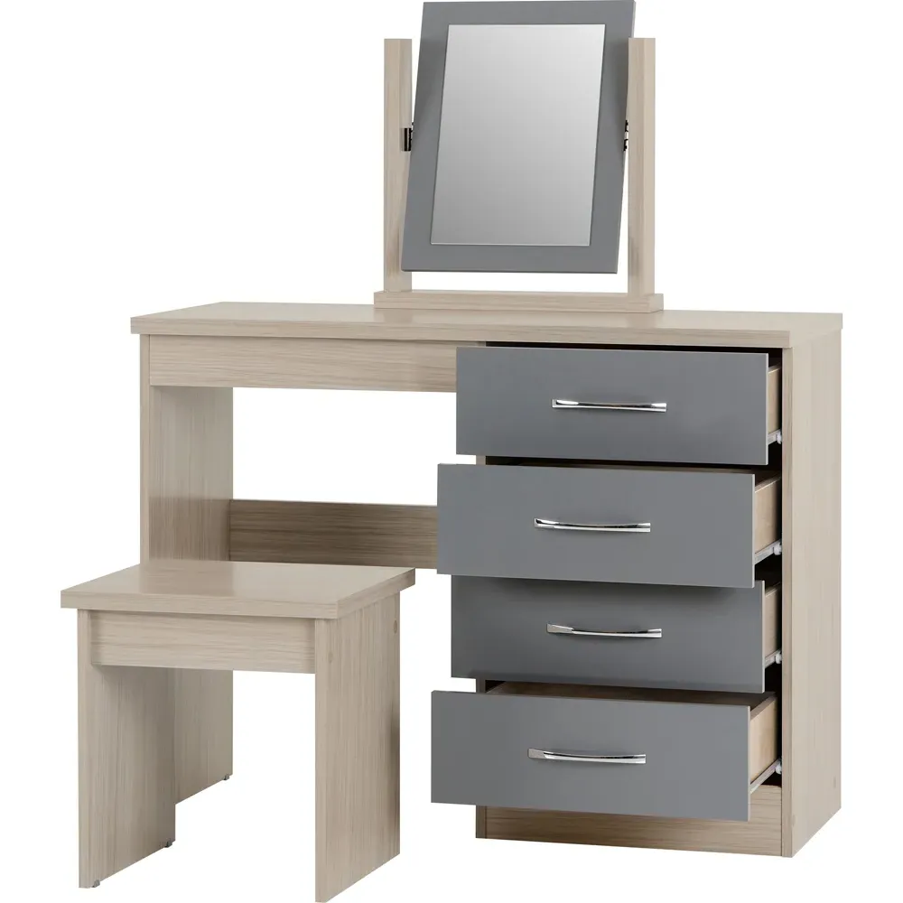 Nevada 4 Drawer Dressing Table Set with Mirror - Grey, Oak