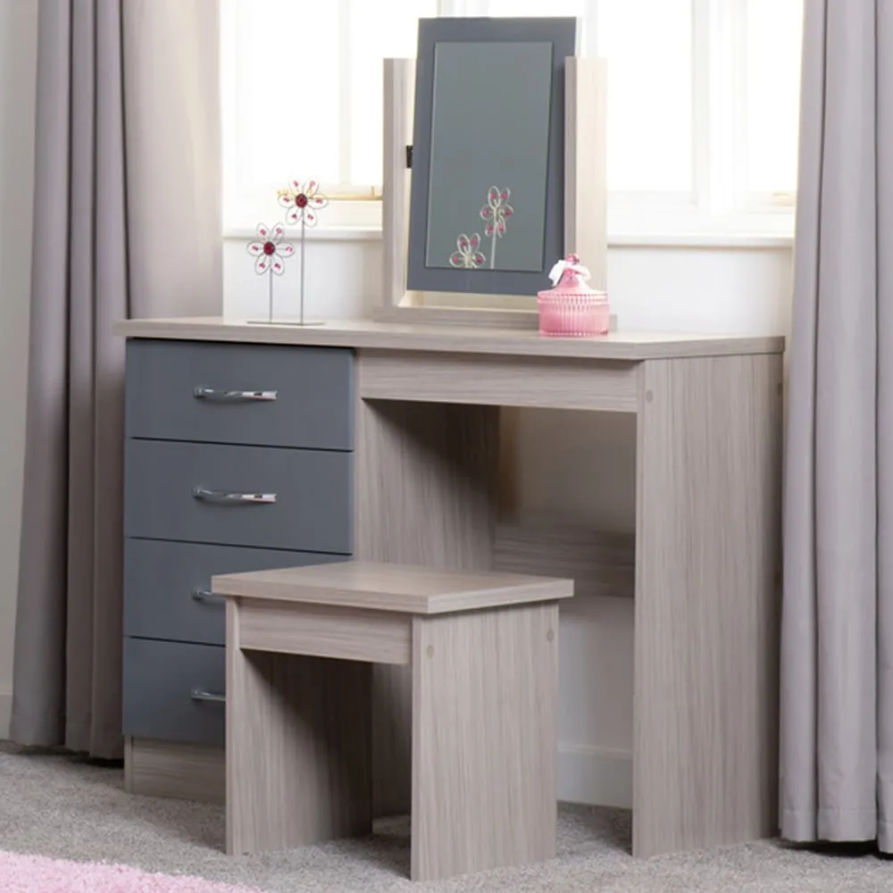 Nevada 4 Drawer Dressing Table Set with Mirror - Grey, Oak image