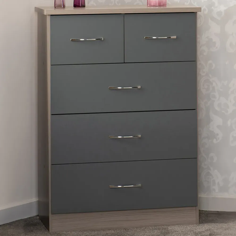 Nevada 5 Drawer Chest of Drawers - Grey, Oak Veneer