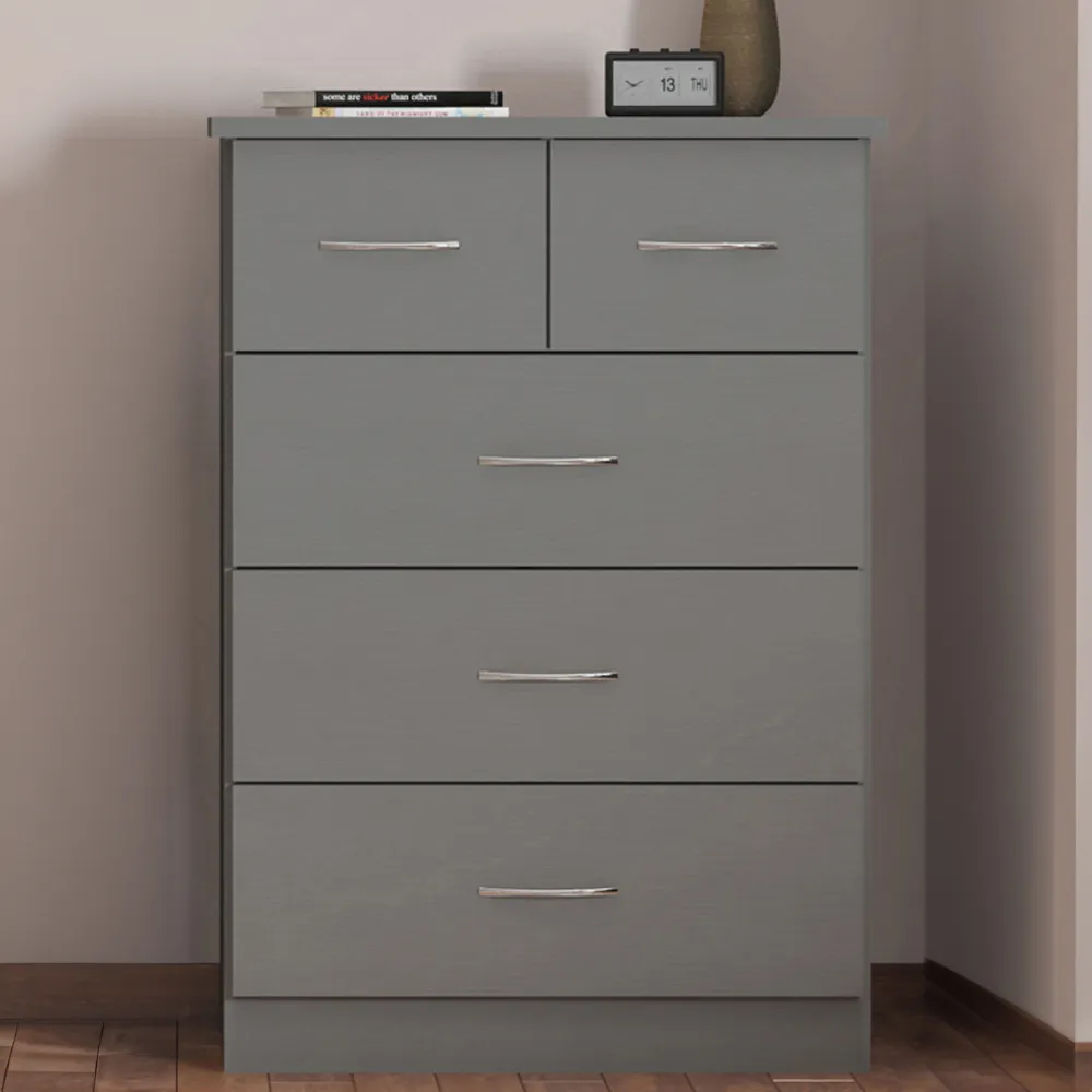 Nevada 5 Drawer Chest with 3D Effect - Grey