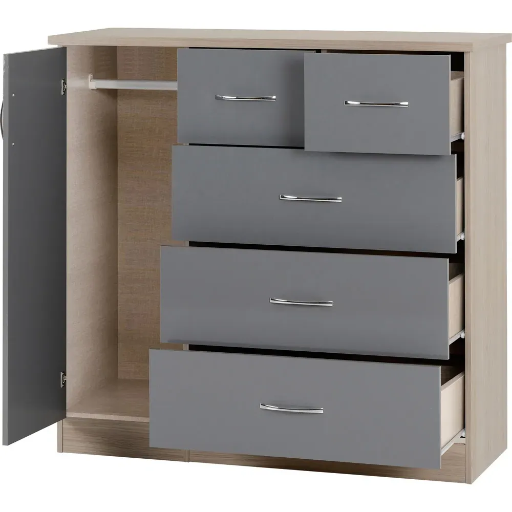 Nevada 5 Drawer Low Wardrobe - Grey, Oak