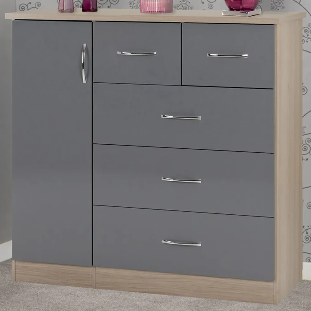 Nevada 5 Drawer Low Wardrobe - Grey, Oak