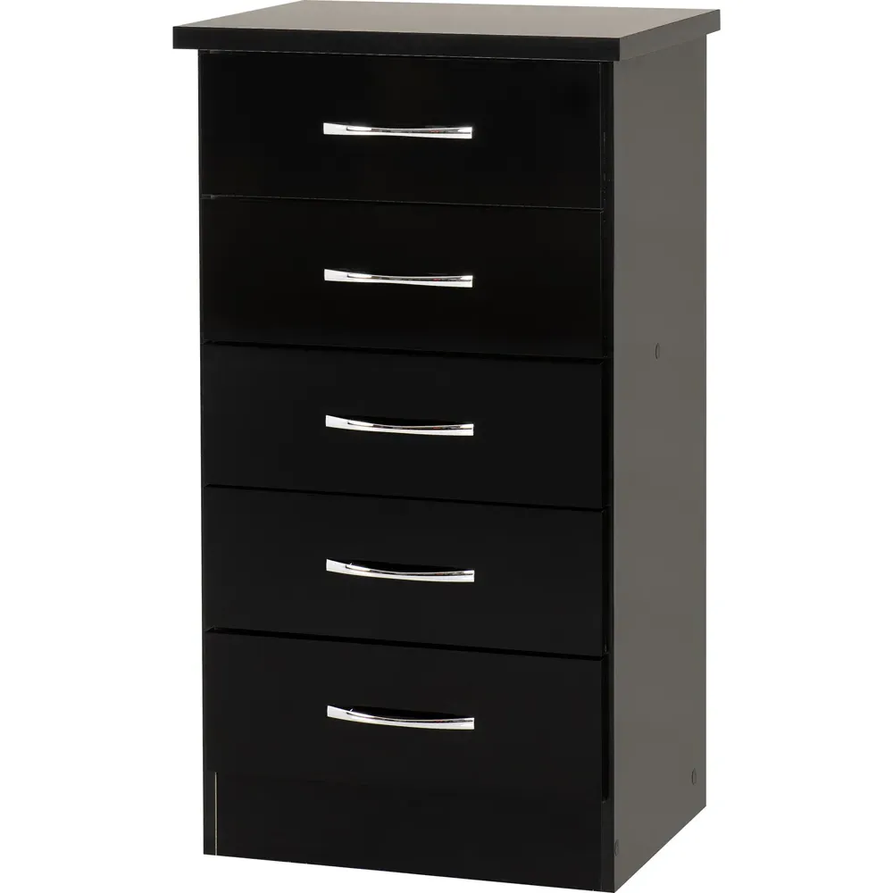 Nevada 5 Drawer Narrow Chest of Drawers - Black Gloss