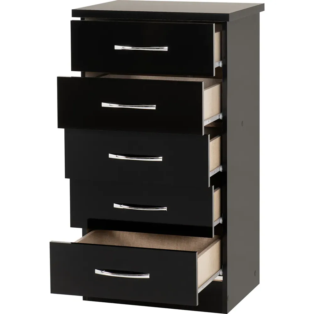 Nevada 5 Drawer Narrow Chest of Drawers - Black Gloss