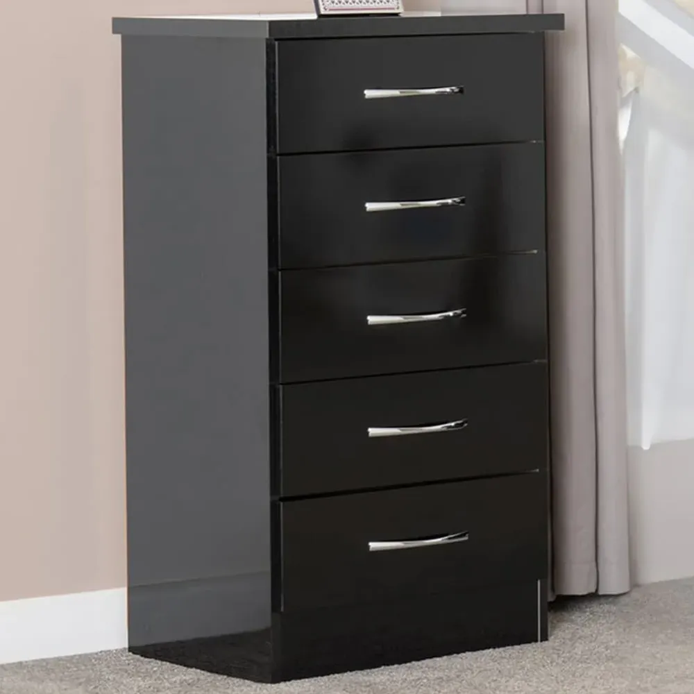 Nevada 5 Drawer Narrow Chest of Drawers - Black Gloss