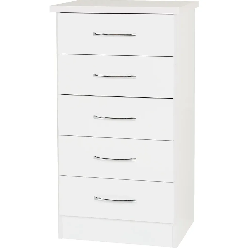 Nevada 5 Drawer Narrow Chest of Drawers - White Gloss