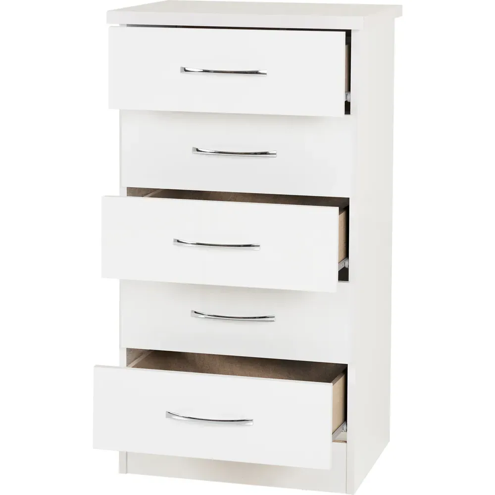 Nevada 5 Drawer Narrow Chest of Drawers - White Gloss