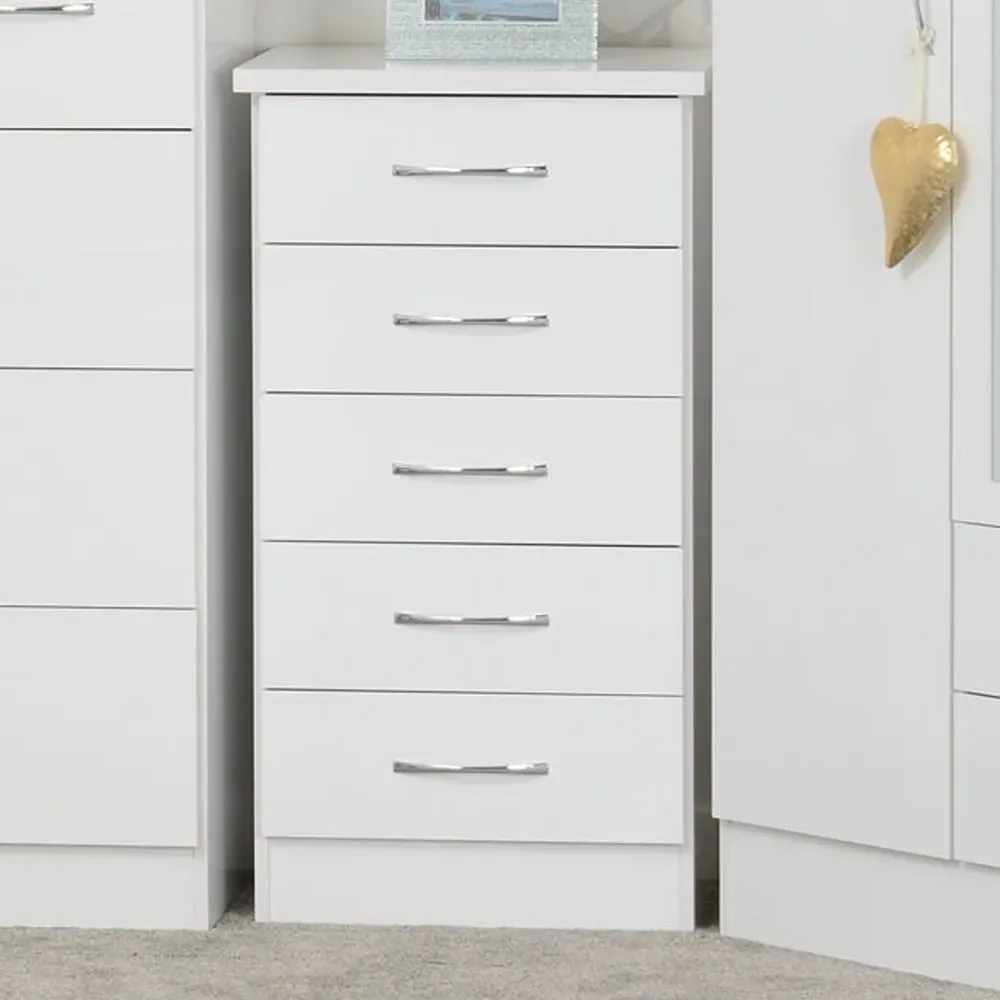 Nevada 5 Drawer Narrow Chest of Drawers - White Gloss