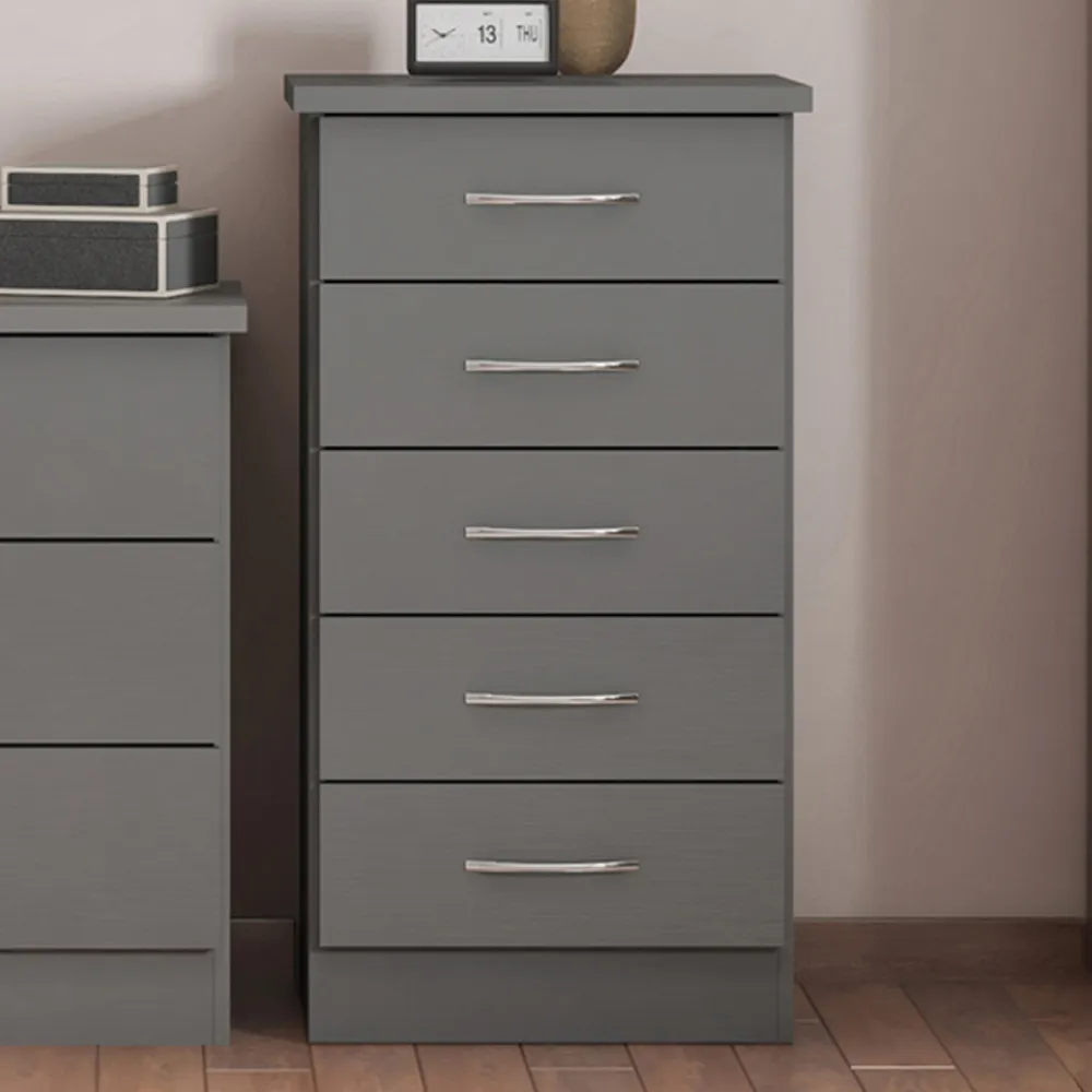 Nevada 5 Drawer Narrow Chest with 3D Effect - Grey