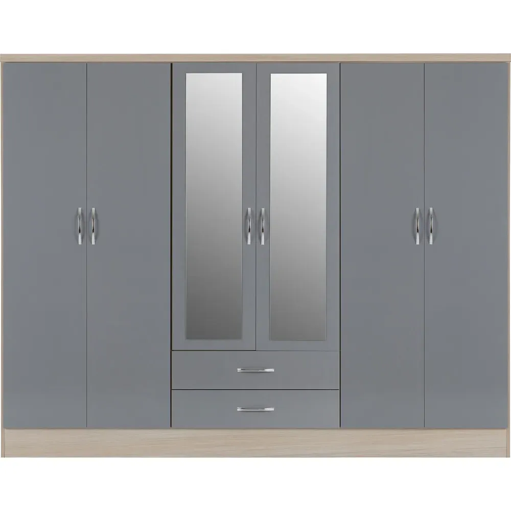 Nevada 6 Door 2 Drawer Wardrobe - Grey, Light Oak