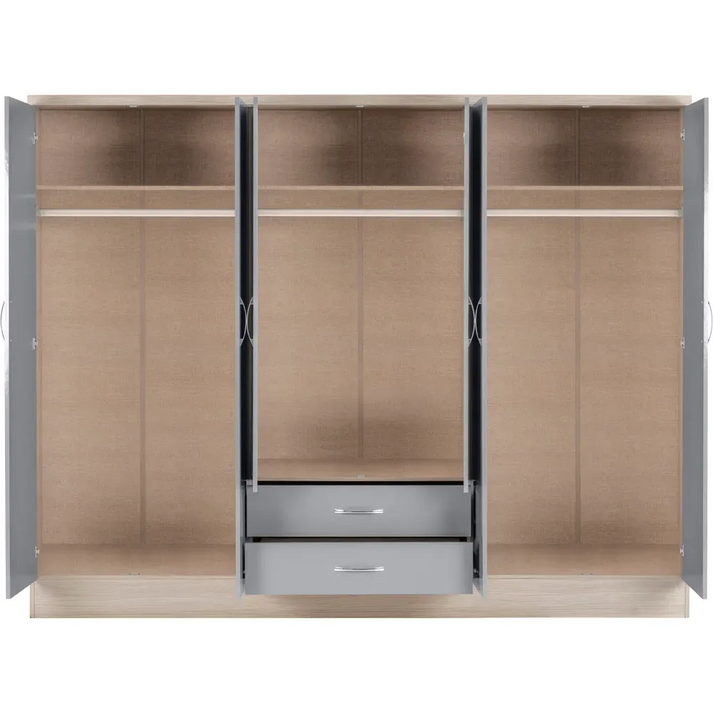 Nevada 6 Door 2 Drawer Wardrobe - Grey, Light Oak