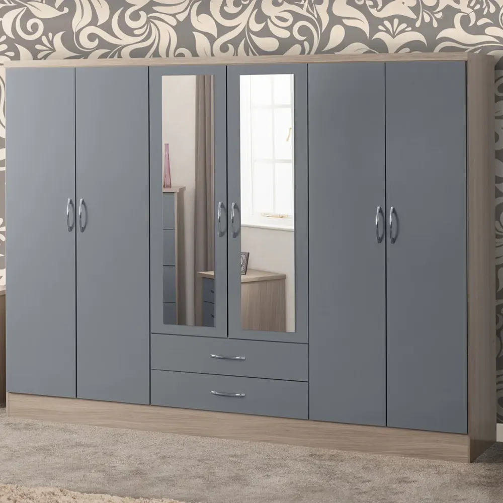 Nevada 6 Door 2 Drawer Wardrobe - Grey, Light Oak