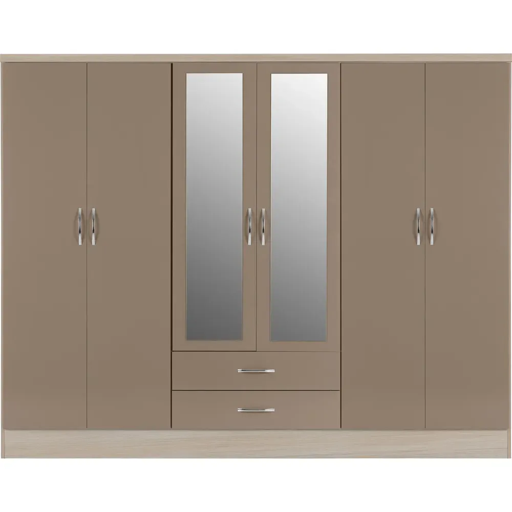 Nevada 6 Door 2 Drawer Wardrobe - Oyster, Light Oak