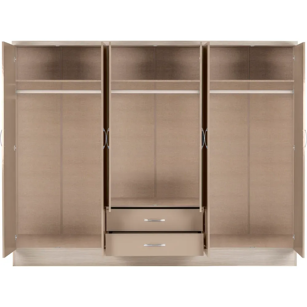 Nevada 6 Door 2 Drawer Wardrobe - Oyster, Light Oak