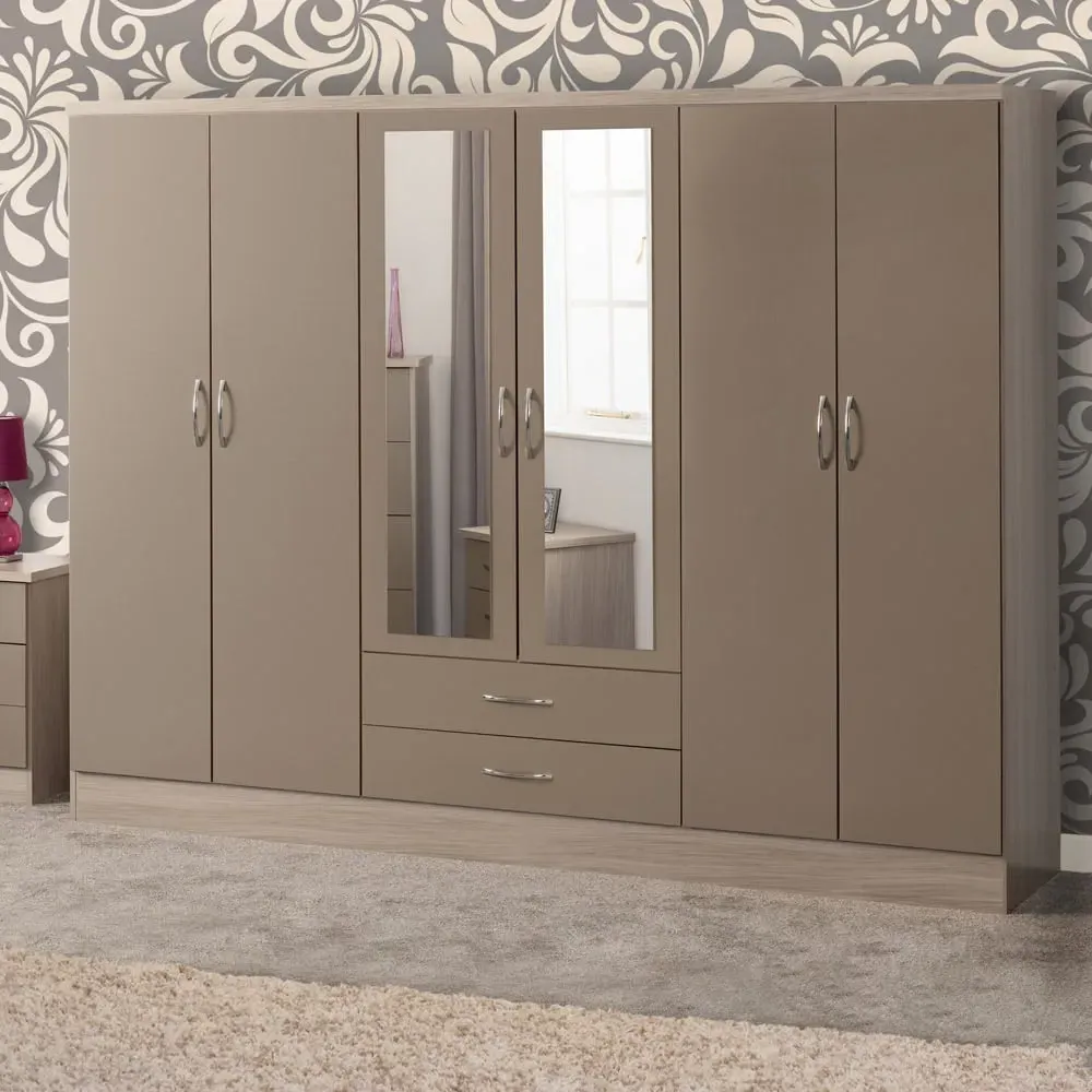 Nevada 6 Door 2 Drawer Wardrobe - Oyster, Light Oak image