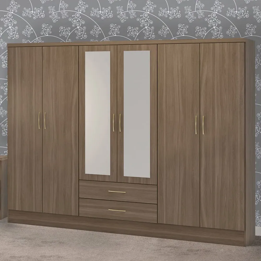 Nevada 6 Door 2 Drawer Wardrobe - Rustic Oak