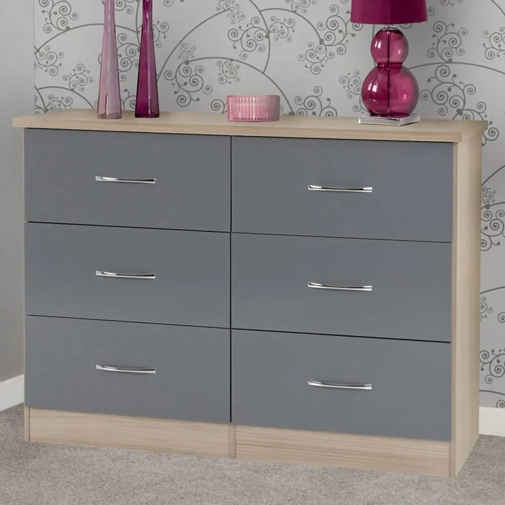 Nevada 6 Drawer Chest of Drawers - Grey, Light Oak Effect