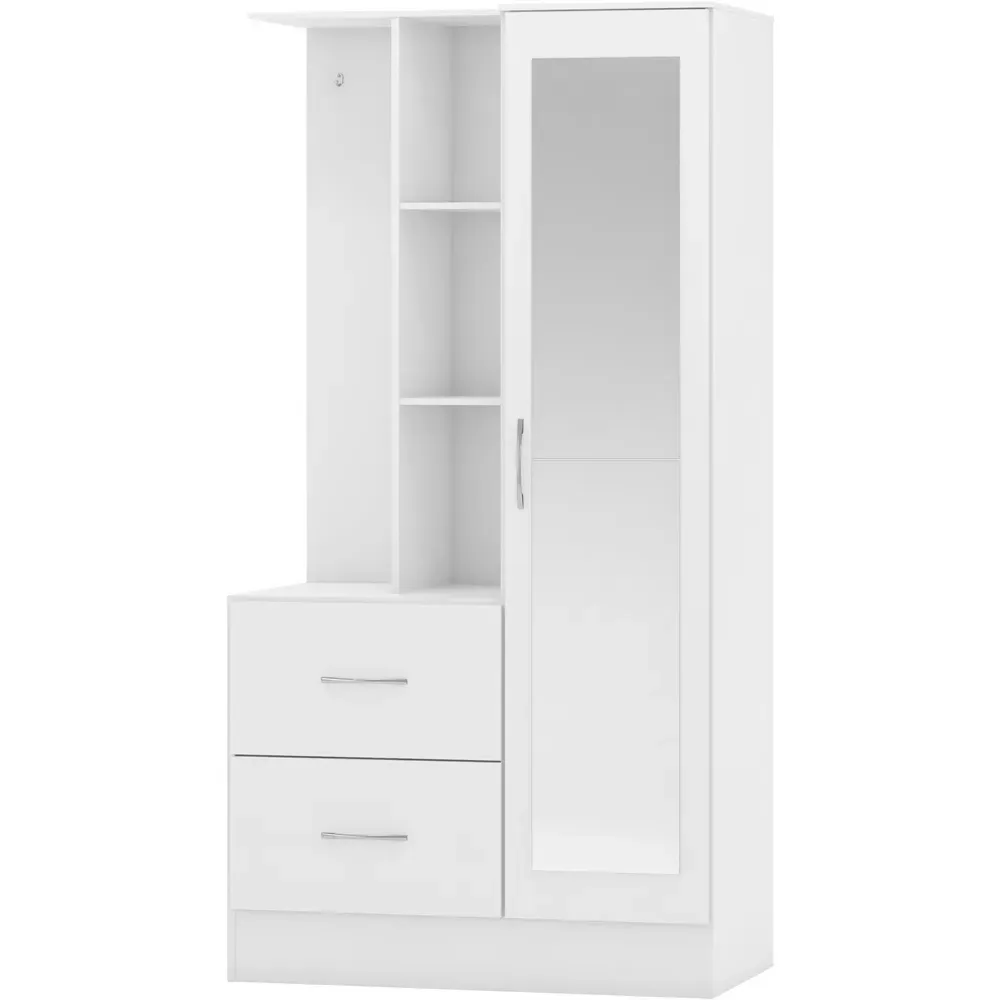 Nevada Single Door 2 Drawer Mirror Open Shelf Wardrobe - White